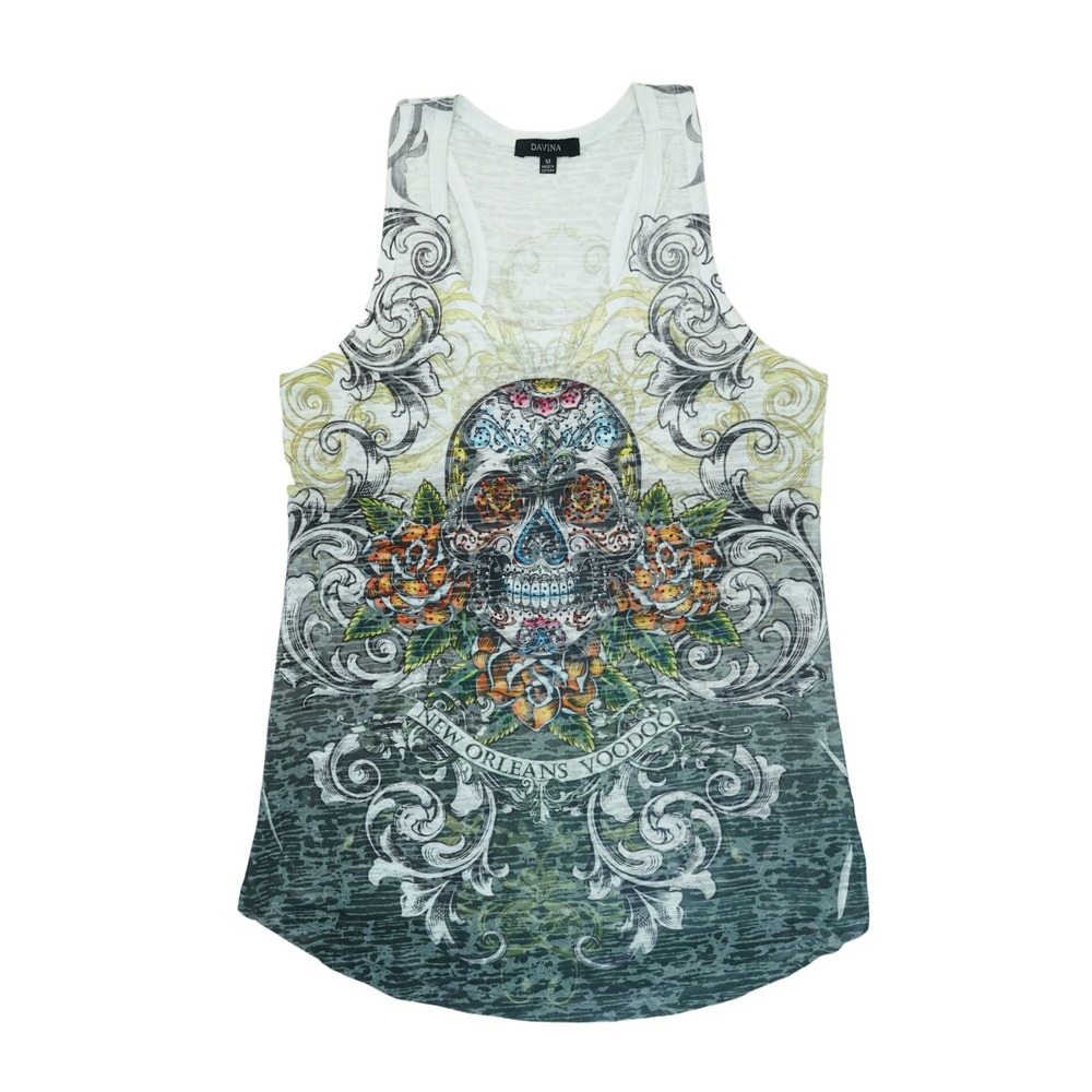 New Orleans Voodoo Skull Roses Rhinestone Racerback Tank Top Shirt XMedium